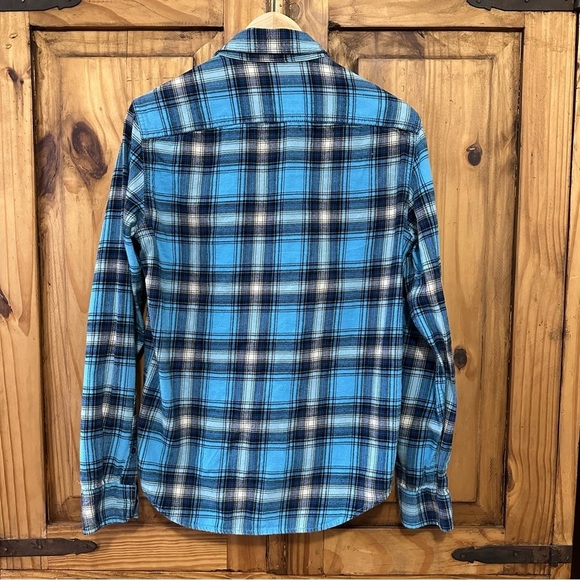 American Eagle Plaid Button Down Shirt Turquoise Blue Black 100% Cotton - XS - Picture 2 of 10